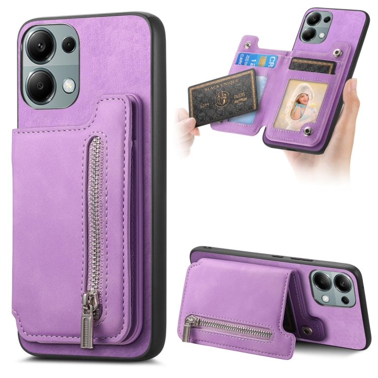

For Redmi Note 13 4G Retro MagSafe Zipper Wallet Card Bag Back Phone Case(Purple)