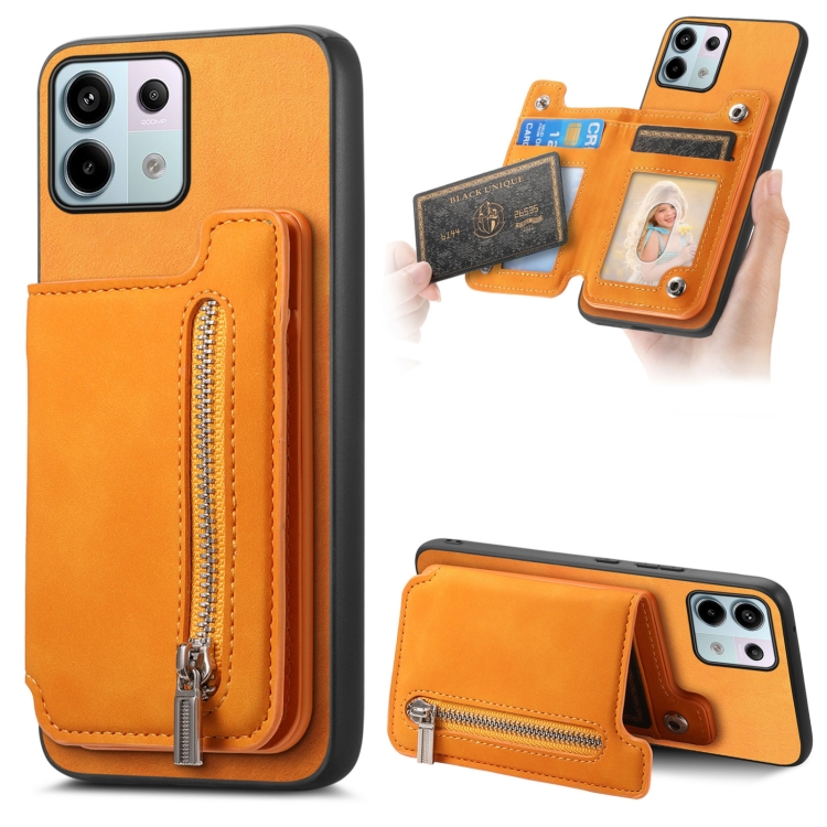 

For Redmi Note 13 Pro 5G / Poco X6 5G Retro MagSafe Zipper Wallet Card Bag Back Phone Case(Yellow)