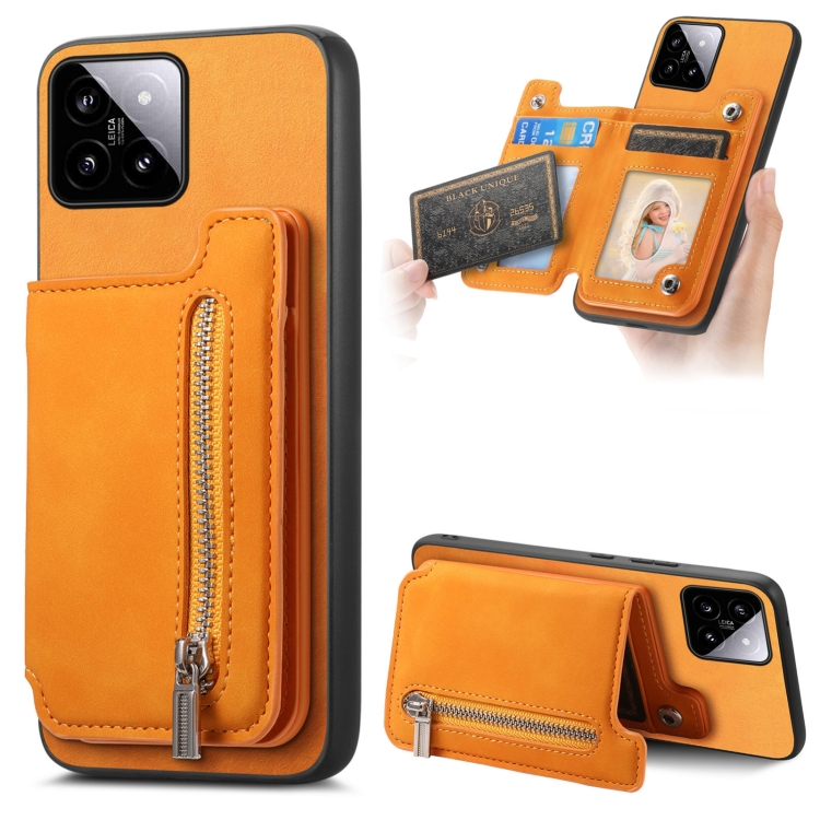 

For Xiaomi 14 Retro MagSafe Zipper Wallet Card Bag Back Phone Case(Yellow)