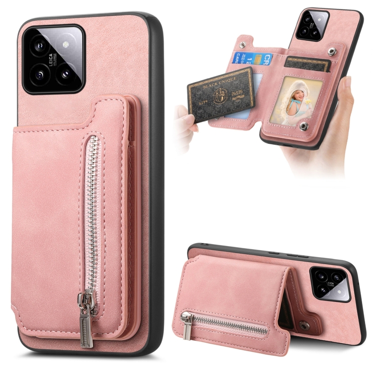 

For Xiaomi 14 Retro MagSafe Zipper Wallet Card Bag Back Phone Case(Pink)