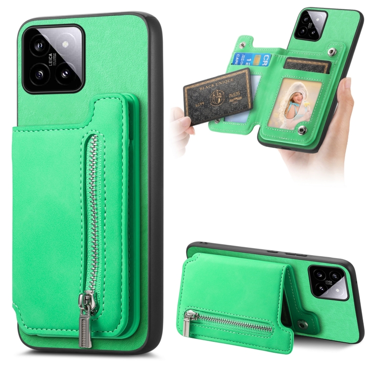 

For Xiaomi 14 Retro MagSafe Zipper Wallet Card Bag Back Phone Case(Green)