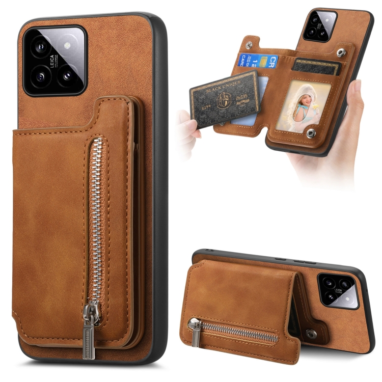 

For Xiaomi 14 Retro MagSafe Zipper Wallet Card Bag Back Phone Case(Brown)