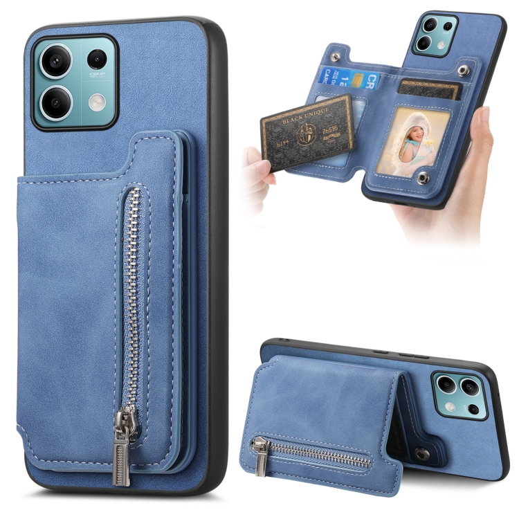 

For Redmi Note 13 5G Retro MagSafe Zipper Wallet Card Bag Back Phone Case(Blue)