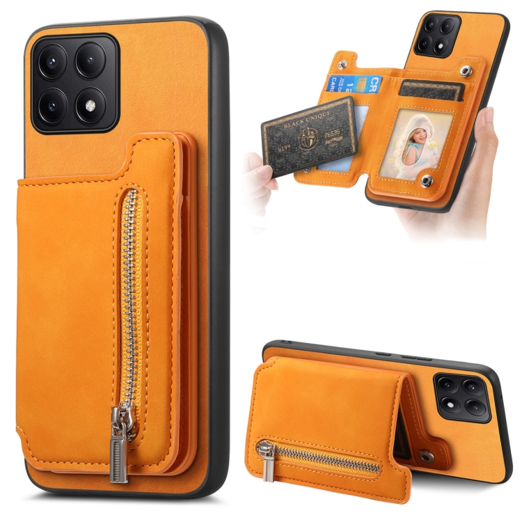 

For Redmi K70 / K70 Pro 5G Retro MagSafe Zipper Wallet Card Bag Back Phone Case(Yellow)