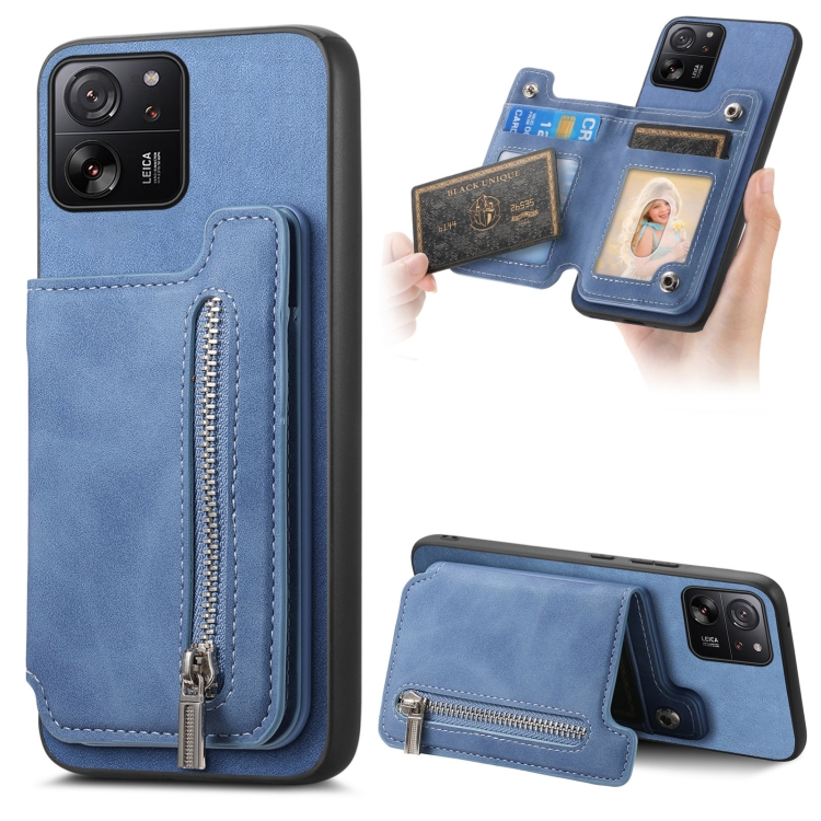 

For Xiaomi 13T / 13T Pro Retro MagSafe Zipper Wallet Card Bag Back Phone Case(Blue)