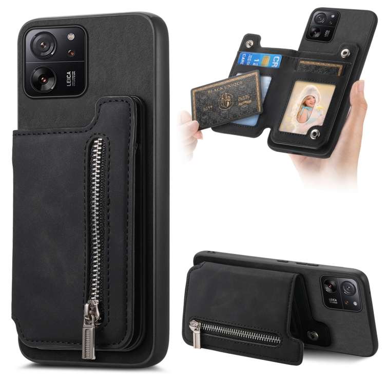 

For Xiaomi 13T / 13T Pro Retro MagSafe Zipper Wallet Card Bag Back Phone Case(Black)