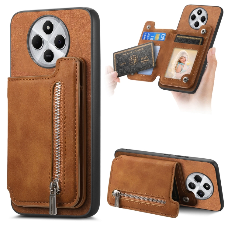 

For Redmi 14C 4G Retro MagSafe Zipper Wallet Card Bag Back Phone Case(Brown)