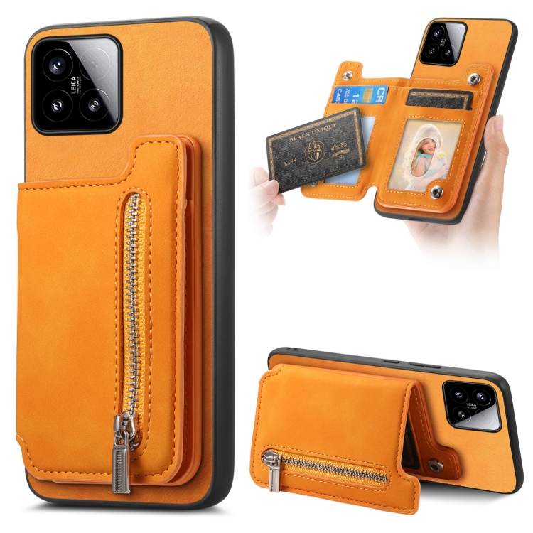 

For Xiaomi 15 Retro MagSafe Zipper Wallet Card Bag Back Phone Case(Yellow)
