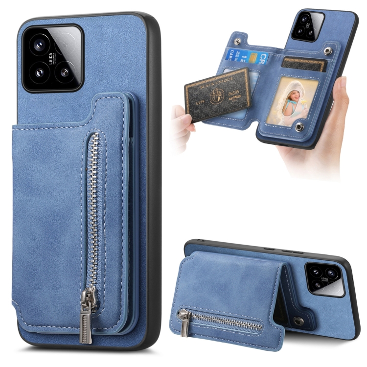 

For Xiaomi 15 Retro MagSafe Zipper Wallet Card Bag Back Phone Case(Blue)