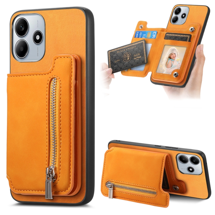

For Redmi Note 14 5G Retro MagSafe Zipper Wallet Card Bag Back Phone Case(Yellow)