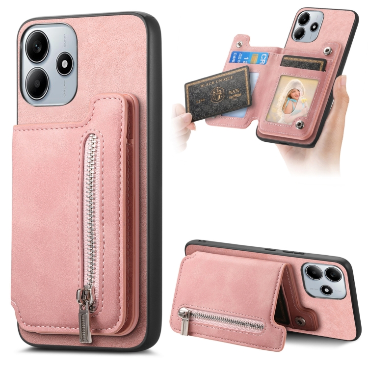 

For Redmi Note 14 5G Retro MagSafe Zipper Wallet Card Bag Back Phone Case(Pink)