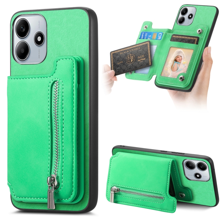 

For Redmi Note 14 5G Retro MagSafe Zipper Wallet Card Bag Back Phone Case(Green)
