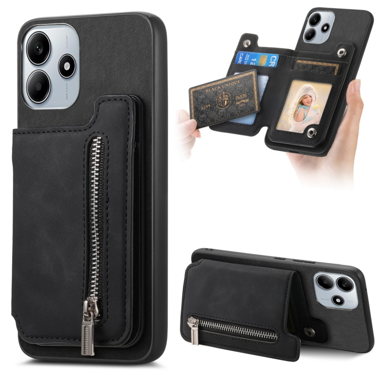 

For Redmi Note 14 5G Retro MagSafe Zipper Wallet Card Bag Back Phone Case(Black)