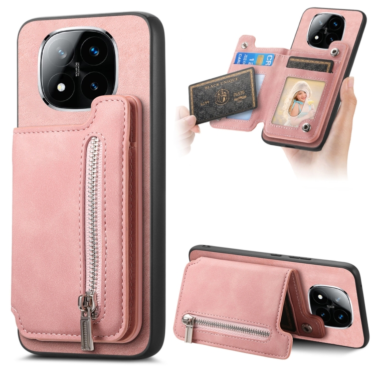 

For Redmi Note 14 Pro 5G Retro MagSafe Zipper Wallet Card Bag Back Phone Case(Pink)