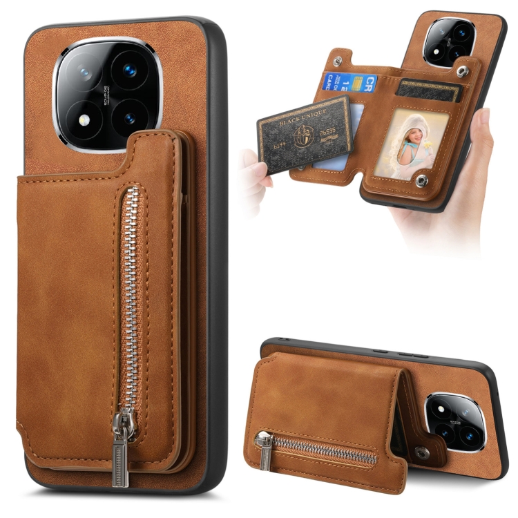 

For Redmi Note 14 Pro 5G Retro MagSafe Zipper Wallet Card Bag Back Phone Case(Brown)