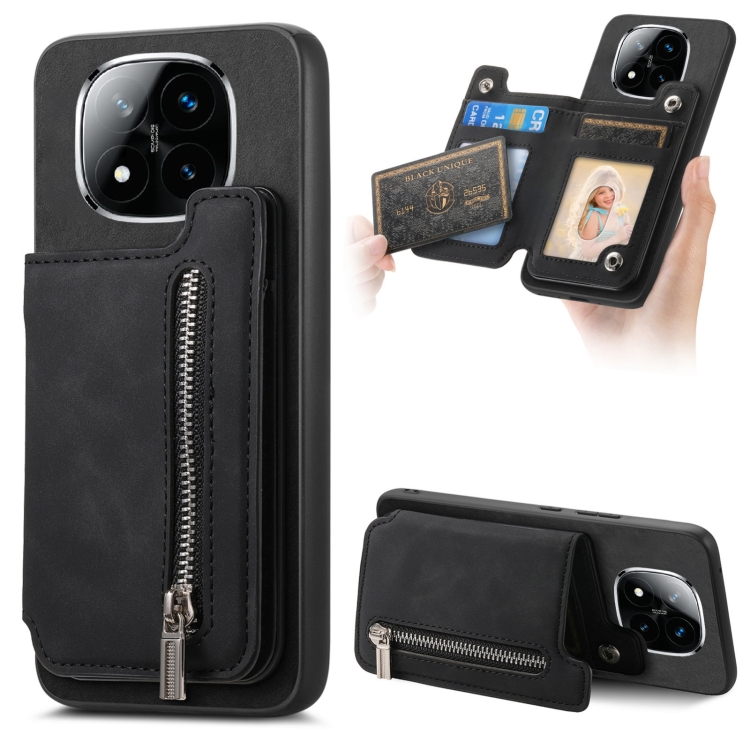 

For Redmi Note 14 Pro 5G Retro MagSafe Zipper Wallet Card Bag Back Phone Case(Black)