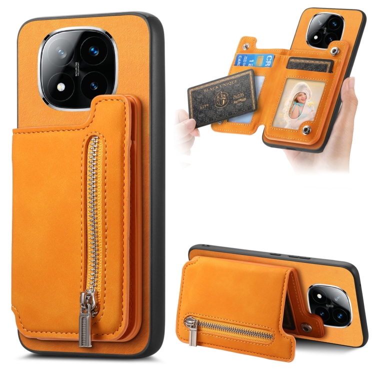 

For Redmi Note 14 Pro+ 5G Retro MagSafe Zipper Wallet Card Bag Back Phone Case(Yellow)