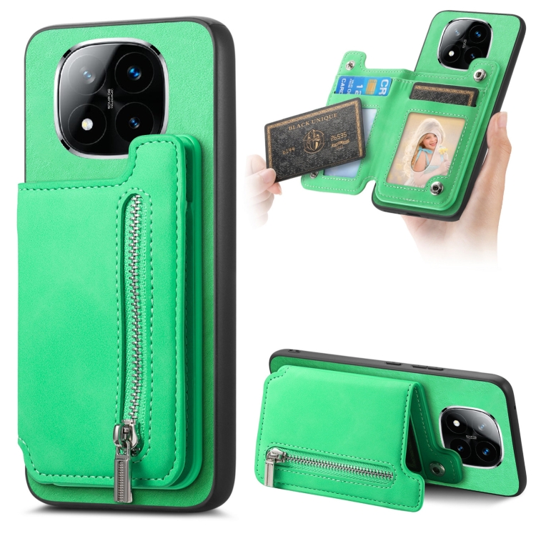 

For Redmi Note 14 Pro+ 5G Retro MagSafe Zipper Wallet Card Bag Back Phone Case(Green)