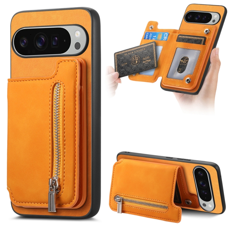 

For Google Pixel 9 Pro XL Retro MagSafe Zipper Wallet Card Bag Back Phone Case(Yellow)