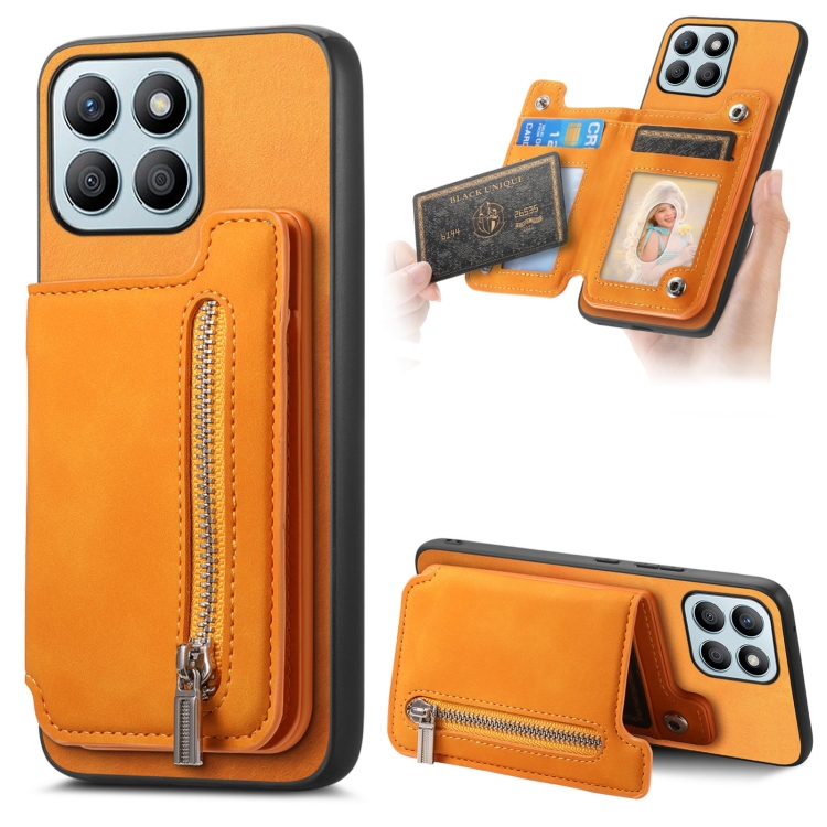 

For Honor X8b Retro MagSafe Zipper Wallet Card Bag Back Phone Case(Yellow)