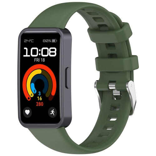 

For Huawei Band 9 / 8 Silver Steel Buckle Soft Silicone Watch Band(Dark Green)