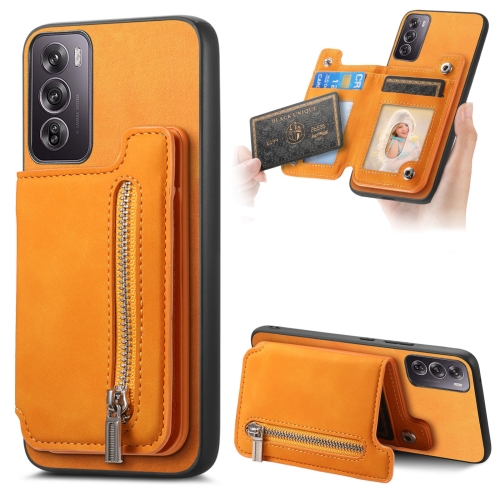 

For OPPO Reno12 Pro Global Retro MagSafe Zipper Wallet Card Bag Back Phone Case(Yellow)