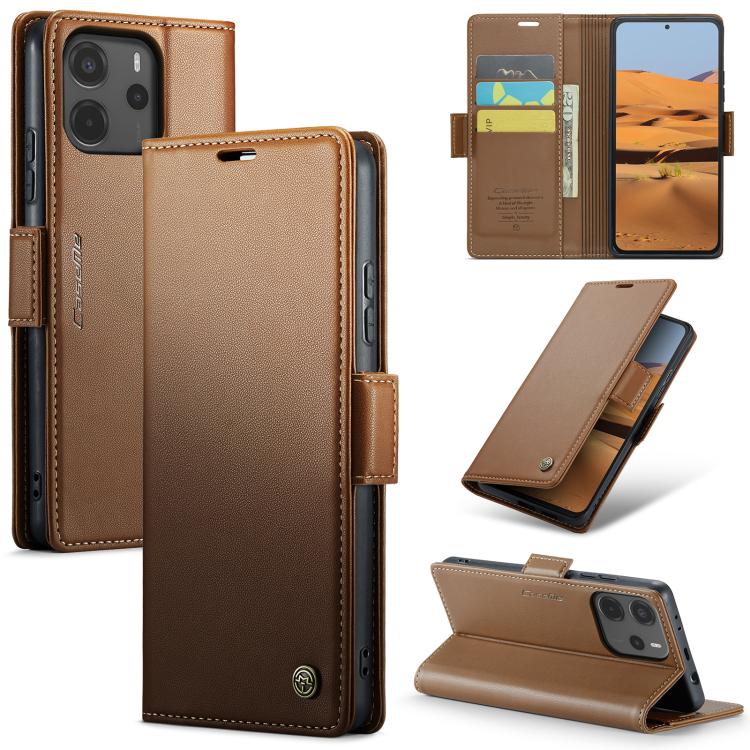 

For Redmi Note 14 4G 164.84mm CaseMe 023 Butterfly Buckle Litchi Texture RFID Anti-theft Leather Phone Case(Brown)