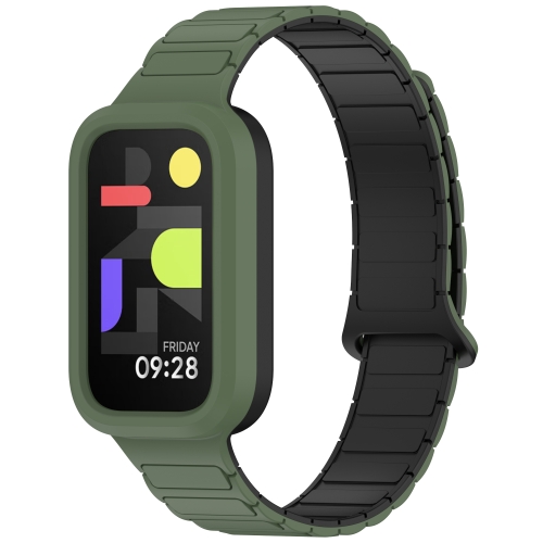 

For Xiaomi Band 9 Active Dual Color Soft Case Integrated Magnetic Silicone Watch Band(Dark Green Black)
