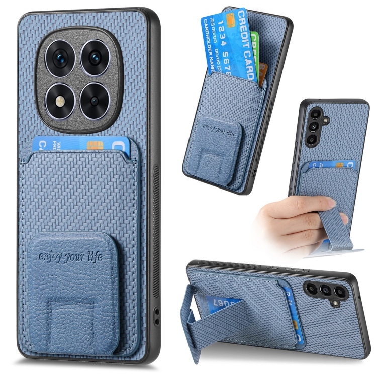 

For Redmi Note 14 5G Carbon Fiber Card Bag Fold Stand Phone Case(Blue)