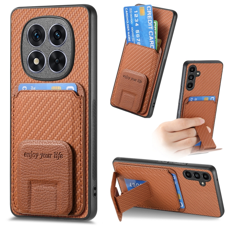 

For Redmi Note 14 5G Carbon Fiber Card Bag Fold Stand Phone Case(Brown)