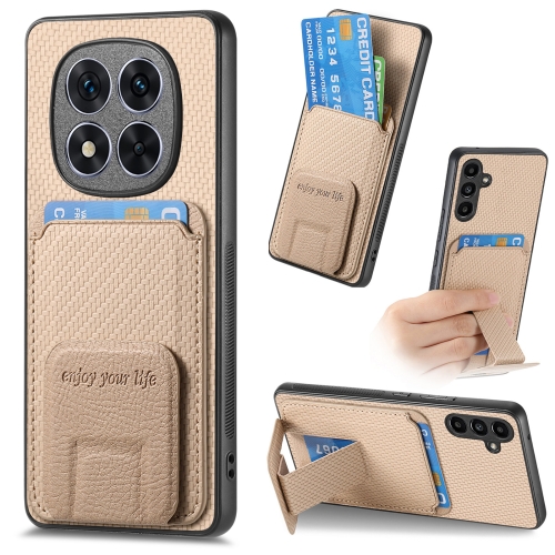 

For Redmi Note 14 Pro 5G Carbon Fiber Card Bag Fold Stand Phone Case(Khaki)