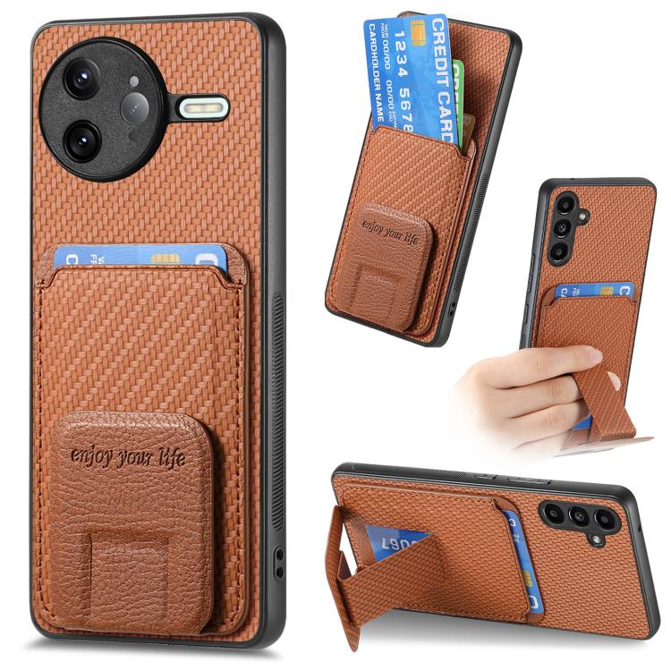 

For Redmi K80 Pro / Poco F7 Ultra Carbon Fiber Card Bag Fold Stand Phone Case(Brown)
