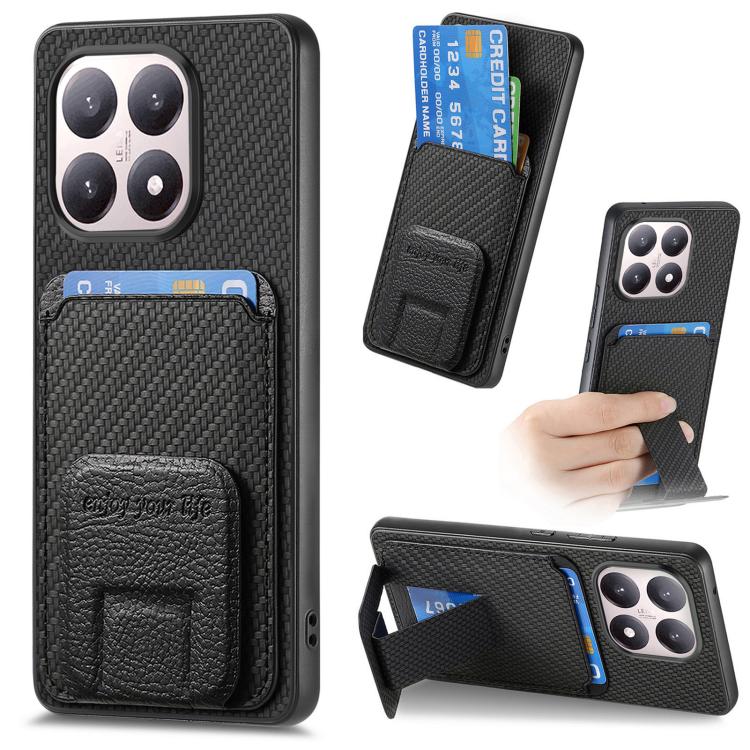 

For Xiaomi 15T Carbon Fiber Card Bag Fold Stand Phone Case(Black)