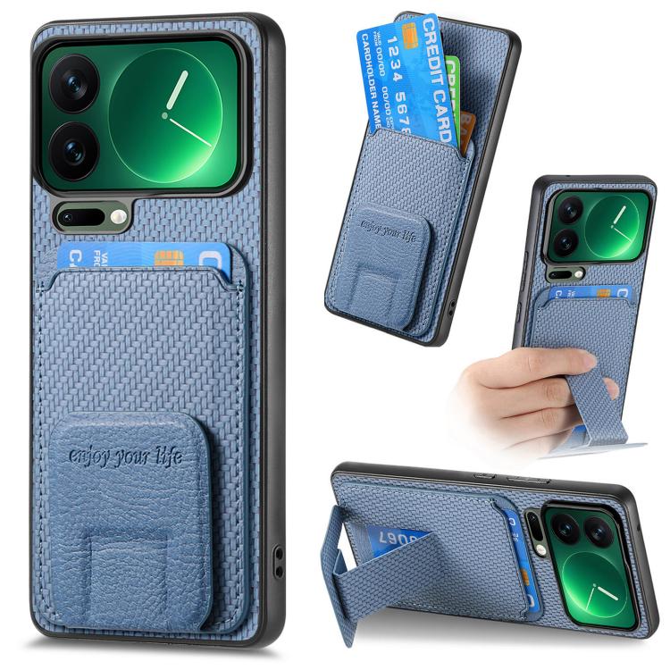 

For Xiaomi 17 Pro Max Carbon Fiber Card Bag Fold Stand Phone Case(Blue)