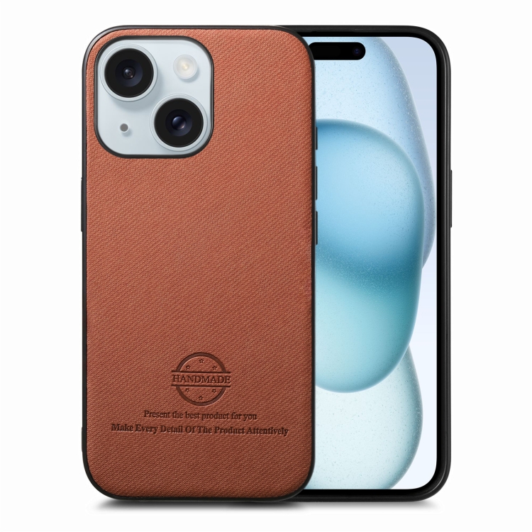 

For iPhone 15 Plus Twill Fabric Leather Skin Back Phone Case(Brown)
