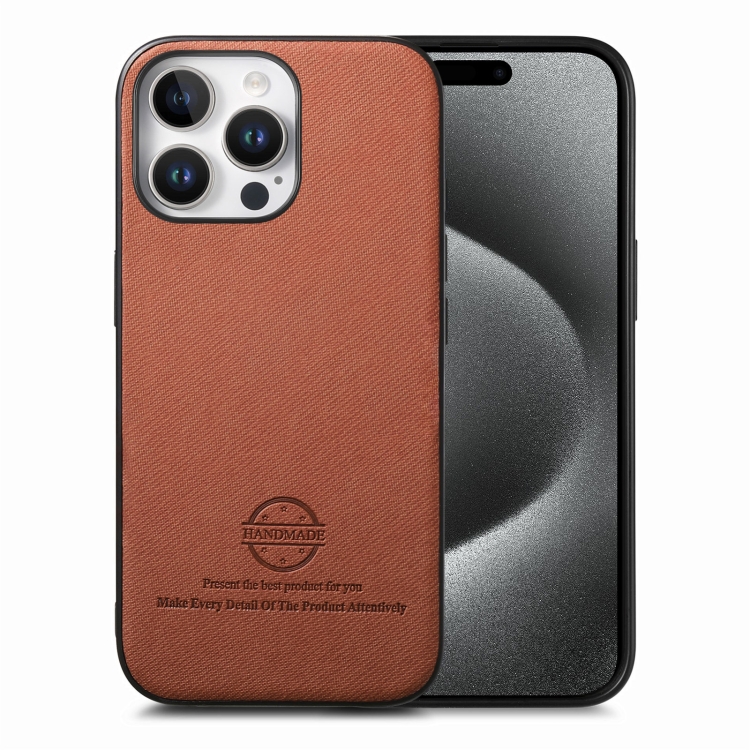 

For iPhone 15 Pro Twill Fabric Leather Skin Back Phone Case(Brown)