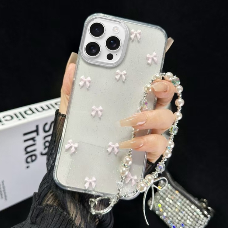 

For iPhone 16 Pro Little Fresh Bow Bracelet Chain TPU Phone Case(Pink)