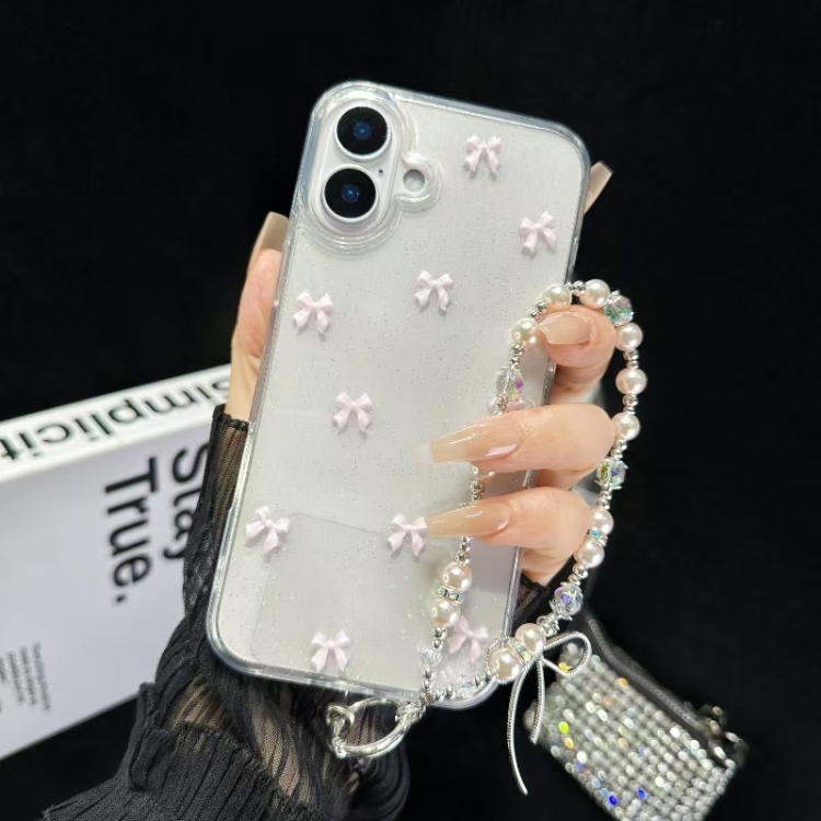 

For iPhone 16 Plus Little Fresh Bow Bracelet Chain TPU Phone Case(Pink)