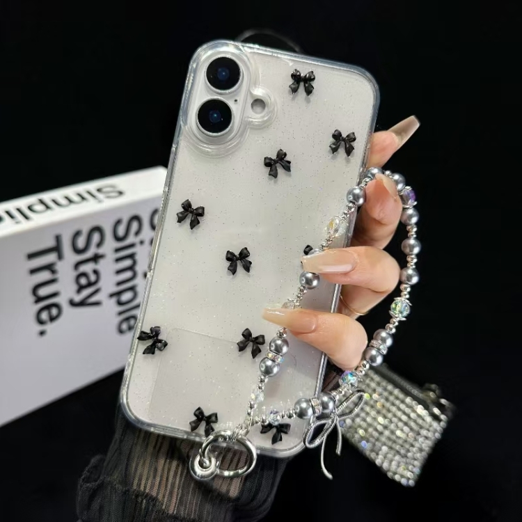 

For iPhone 16 Little Fresh Bow Bracelet Chain TPU Phone Case(Black)