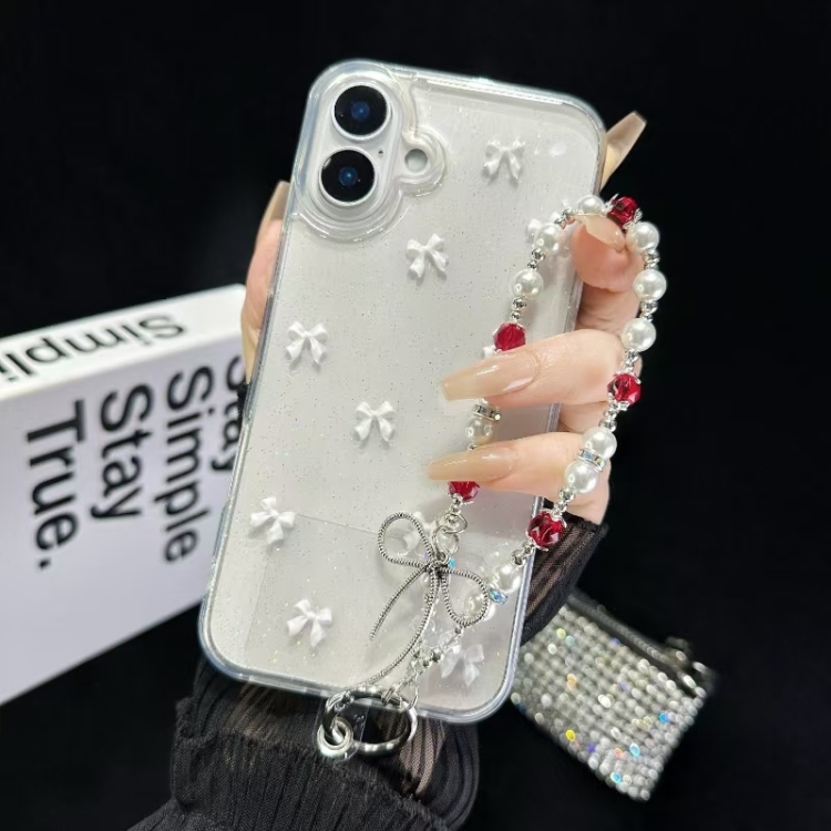

For iPhone 16 Little Fresh Bow Bracelet Chain TPU Phone Case(White)