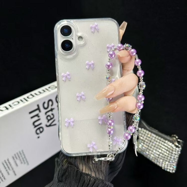 

For iPhone 16 Little Fresh Bow Bracelet Chain TPU Phone Case(Purple)