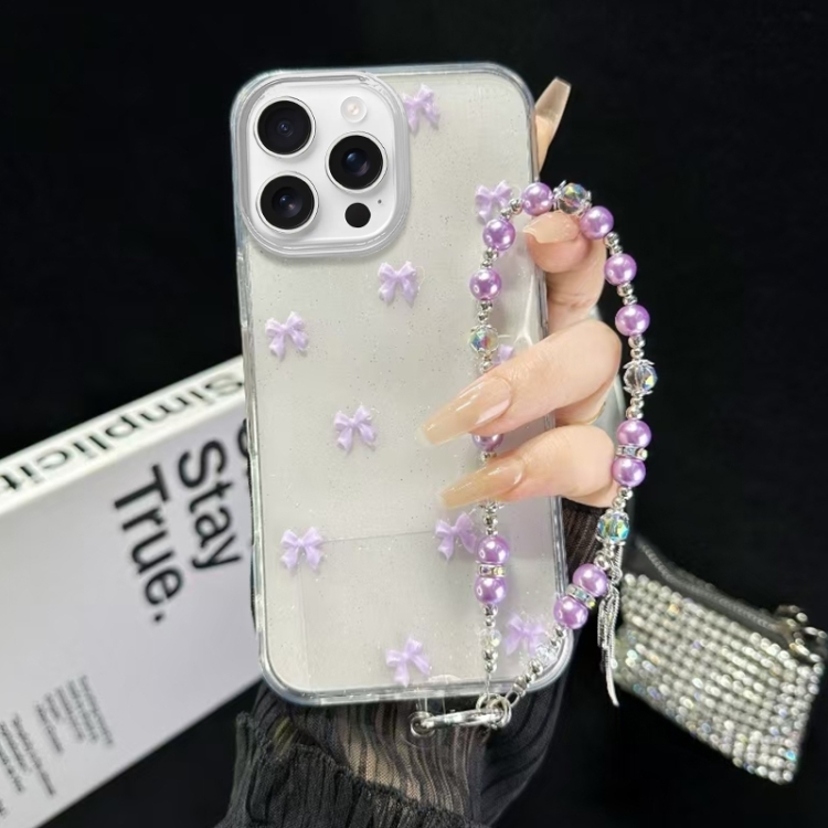 

For iPhone 14 Pro Little Fresh Bow Bracelet Chain TPU Phone Case(Purple)