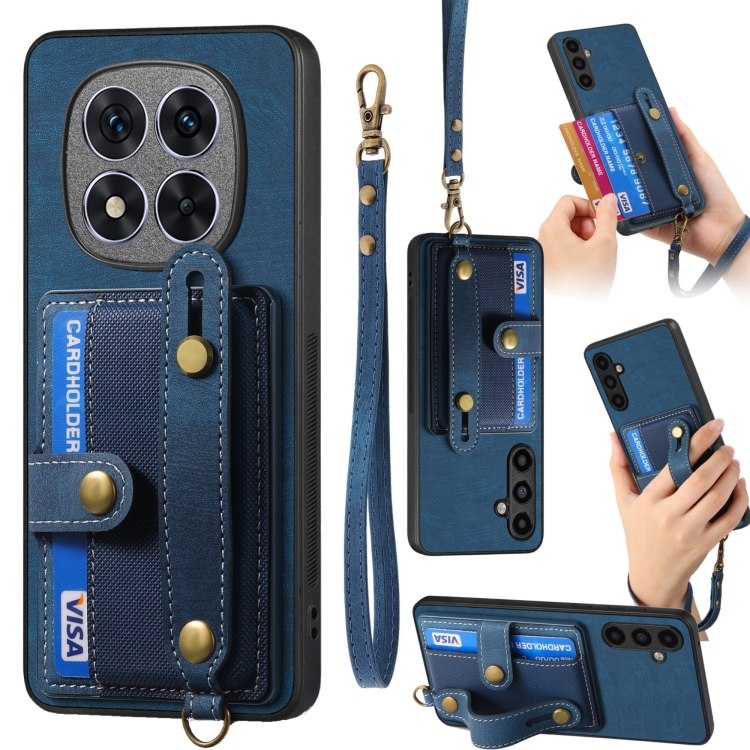 

For Xiaomi Redmi Note 14 5G Retro Cross Wristband Wallet Leather Back Phone Case(Blue)