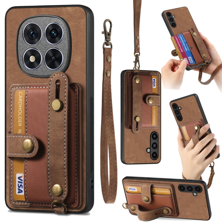 

For Xiaomi Redmi Note 14 Pro 5G Retro Cross Wristband Wallet Leather Back Phone Case(Brown)