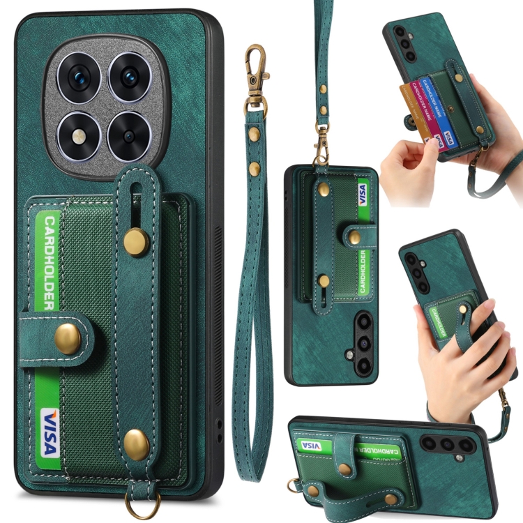 

For Xiaomi Redmi Note 14 Pro 5G Retro Cross Wristband Wallet Leather Back Phone Case(Green)