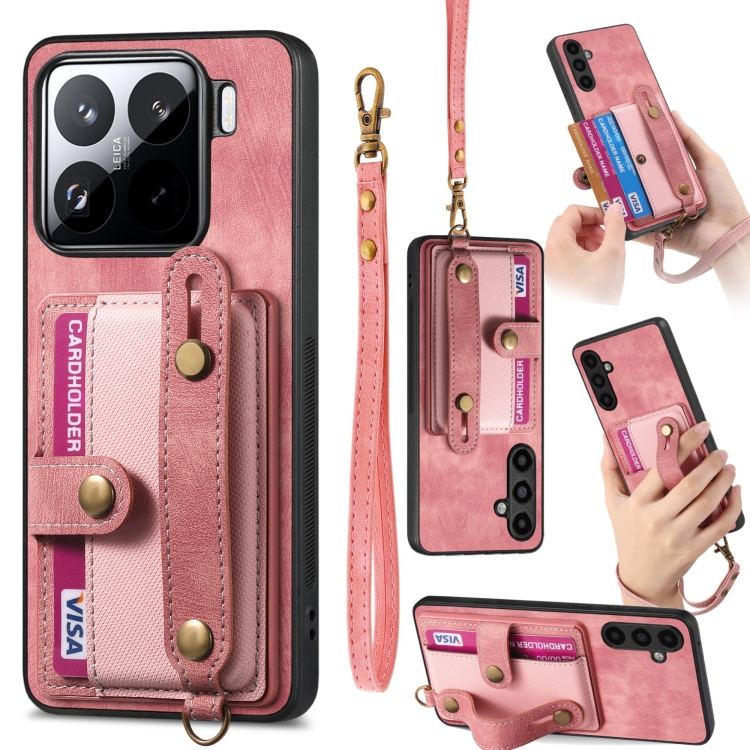 

For Xiaomi 15 Retro Cross Wristband Wallet Leather Back Phone Case(Pink)