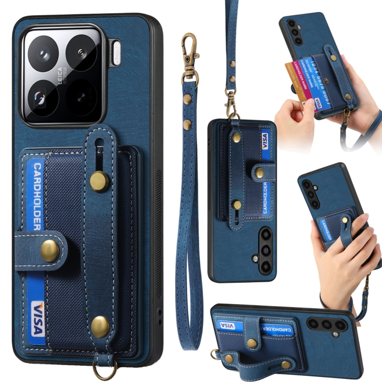 

For Xiaomi 15 Pro Retro Cross Wristband Wallet Leather Back Phone Case(Blue)