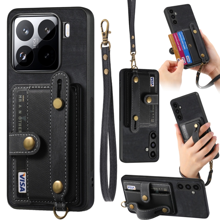 

For Xiaomi 15 Pro Retro Cross Wristband Wallet Leather Back Phone Case(Black)