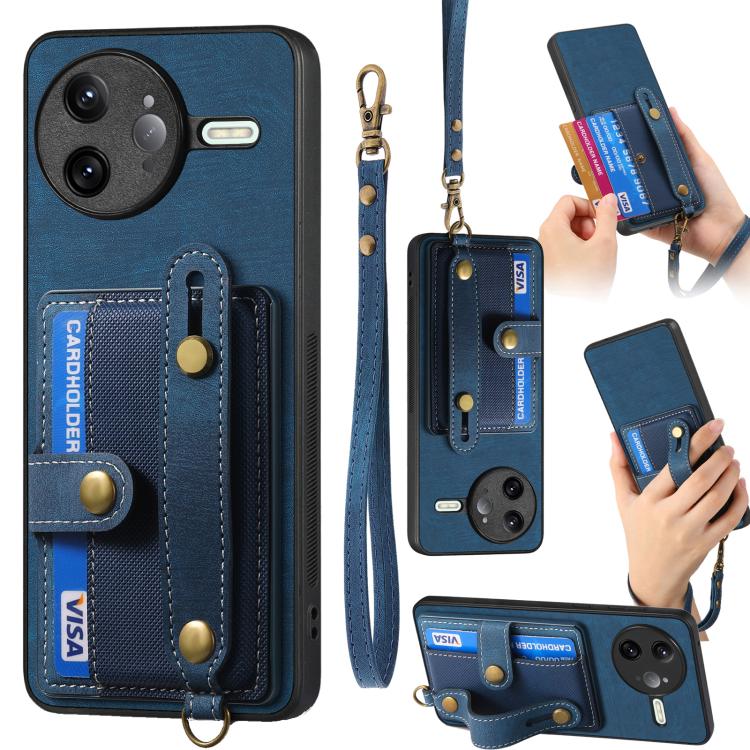 

For Redmi K80 Pro / Poco F7 Ultra Retro Cross Wristband Wallet Leather Back Phone Case(Blue)