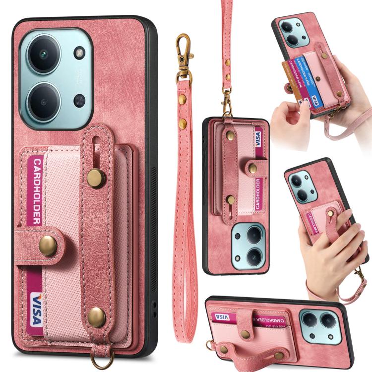 

For Redmi 15C 5G / 4G Global 171mm Retro Cross Wristband Wallet Leather Back Phone Case(Pink)